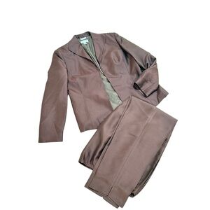 Talbots burgundy Brown lined Blazer 100% silk pant Suit Set size 12